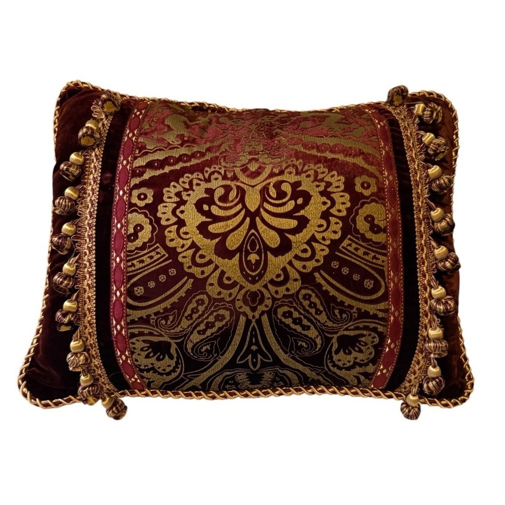 Damask Throw Pillow Burgundy Gold Tassel Trim Luxury Velvet 16" X 21"